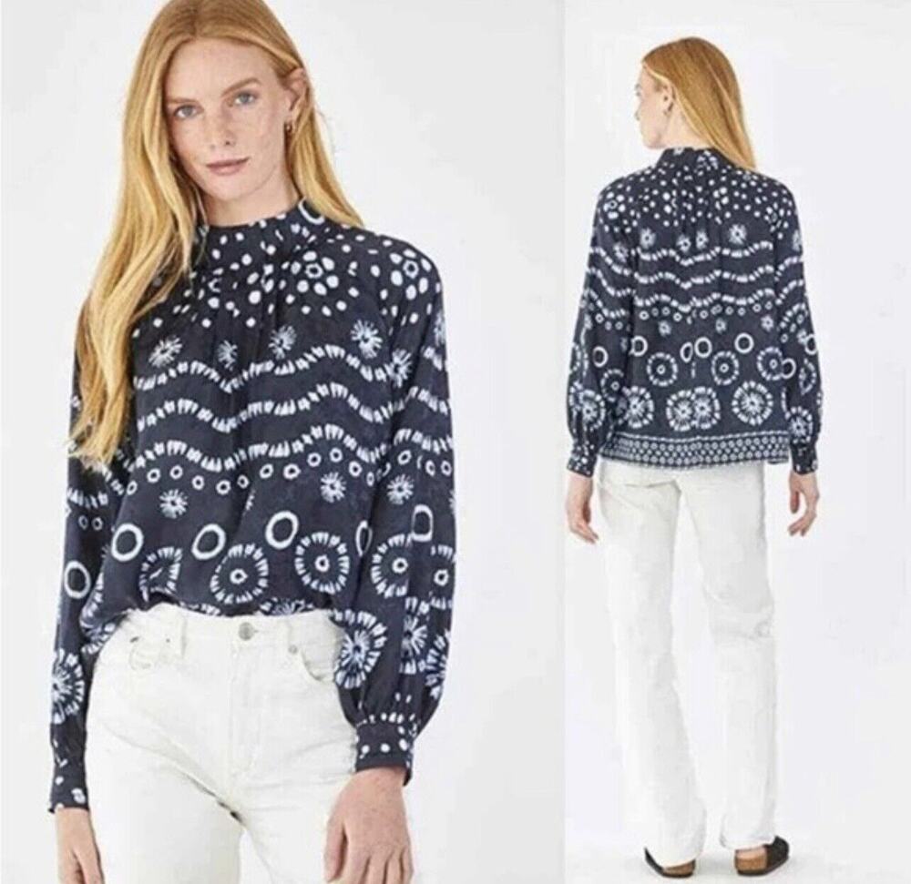 NWT Hunter Bell Graham Navy House Printed Silk Mockneck Long Sleeve Blouse XS